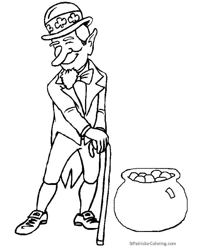 leprechaun and Pot of Gold St Patrick's Day Coloring Page